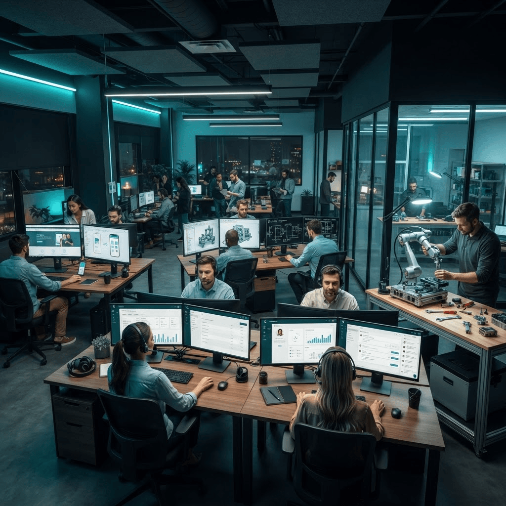 A modern tech studio where team members each work at their own desk: designing a website, building a mobile app, modelling an industrial machine in CAD, drawing electrical schematics, and assembling a real machine with a robotic arm.